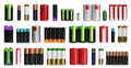 Many batteries of different types on white background, collage. Banner design