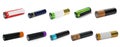 Many batteries of different types on white background, collage. Banner design