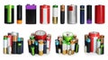 Many batteries of different types on white background, collage. Banner design