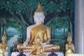 Many beautiful Buddha statues set in a Thai temple, Buddhist concept.