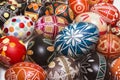 Many beautiful Easter eggs on background Royalty Free Stock Photo