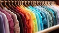 Many beautiful fashionable bright multi-colored shirts on hangers