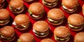 Many beef burgers cheeseburgers with vegetables and sauce pattern on red background.Macro.AI Generative Royalty Free Stock Photo