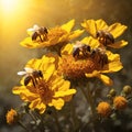 Many bees collecting honey on a yellow flower with the sun in the background