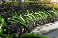 Many bicycle in parking lot, Rent and share bicycles parked on the street in Bangkok .Save the planet concept,Car Free Day Royalty Free Stock Photo