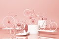 Many bicycle on platform with pink background
