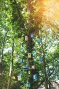 Many birdhouses of different colors on the tree