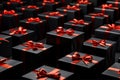 Many black gift boxes with red ribbons Royalty Free Stock Photo