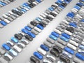 Many black, silver, white, blue and grey cars