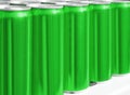 Many blank metal green cans on table, closeup.