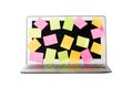 Many blank sticky notes covering a laptop screen isolated white background. Concept of deadlines or ideas