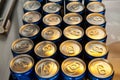 Many aluminum cans with drinks top view Royalty Free Stock Photo