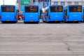 Many blue modern public transport buses are lined up in the parking lot