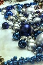 Many blue and silver christmas balls. Close up. Selective focus. Christmas decoration Royalty Free Stock Photo