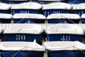 Many blue and white dingy boats background