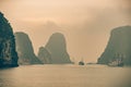 Many boats cross the water in Ha Long Bay Vietnam