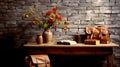 Many books on the table against the background of an old brick wall Royalty Free Stock Photo