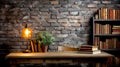 Many books on the table against the background of an old brick wall Royalty Free Stock Photo