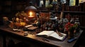 Many books on the table against the background of an old brick wall Royalty Free Stock Photo