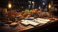 Many books on the table against the background of an old brick wall Royalty Free Stock Photo