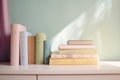 Many books on a wooden table and a pastel green background. back to school. Education. Generative AI.