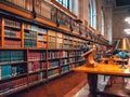 Many bookshelfs in a public library