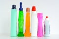 Many bottles of cleaning solutions isolated on white background Royalty Free Stock Photo
