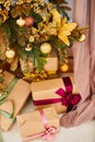 Many boxes with Christmas gifts under the Christmas tree. Merry Christmas and Happy New year Holidays Royalty Free Stock Photo