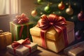 Many boxes with gifts near Christmas tree