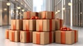 Many boxes with orange ribbon on top of them, AI