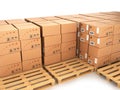 Many boxes stacked on pallets and empty trays