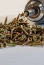 Many brass colored wood screws Royalty Free Stock Photo