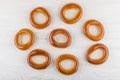 Many of bread rings on wooden table Royalty Free Stock Photo