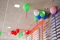 Many bright balloons under ceiling close-up