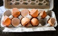 Broken egg shells from eggs used for cooking in paper mache egg carton on marble countertop Royalty Free Stock Photo