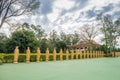 Many Buddha statues in perspective at the buddhist temple