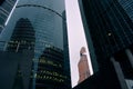 Many buildings of the Moscow business center, from the bottom to the top, diced green stand under a white sky Royalty Free Stock Photo