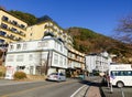 Many buildings on street in Kawaguchiko, Japan