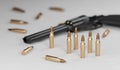 Many bullets and gun in background. 3D rendered illustration.