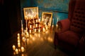 Many burning candles on a mirrored background Royalty Free Stock Photo