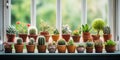 many cacti and succulents in clay pots on the windows Royalty Free Stock Photo