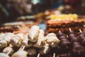 Christmas market fancy delicious food selection. Royalty Free Stock Photo