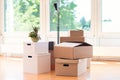 Many cardboard boxes in bright house during relocation Royalty Free Stock Photo