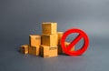 Many cardboard boxes and a red symbol NO. Embargo, trade wars. Restriction on the importation of goods, proprietary for business.