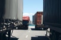 Many cargo trucks on pier in sea port