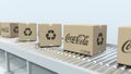 Many cartons with Coca-Cola logo move on roller conveyor. Editorial 3D rendering