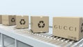 Many cartons with GUCCI logo move on roller conveyor. Editorial 3D rendering