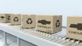 Many cartons with CHEVROLET logo move on roller conveyor. Editorial 3D rendering
