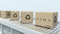 ZARA logo on moving boxes on roller conveyor. Editorial 3D rendering