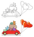 Many cat and bear with car and heart balloons cartoon easily coloring page for kids